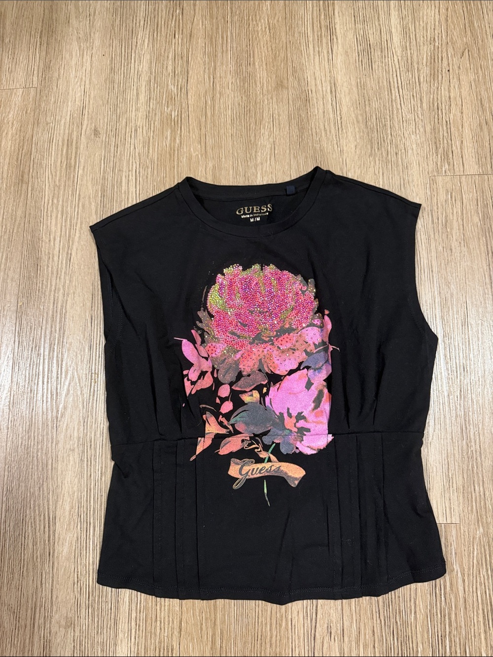 GUESS Black Tank Top with Pink Floral Embellishment M